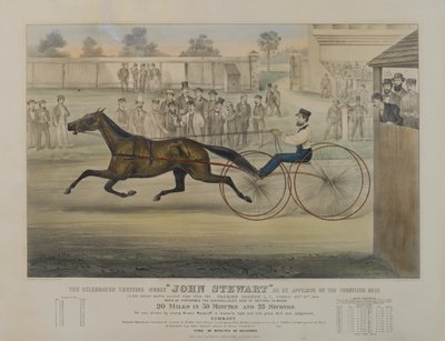 El célebre caballo trotón John Stewart como apareció en la vigésima milla, 1868 de N. and Ives, J.M. Currier